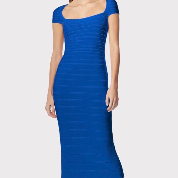 BLUE HERVE LÉGER CAP SLEEVE MIDI DRESS - Picture 2 of 2
